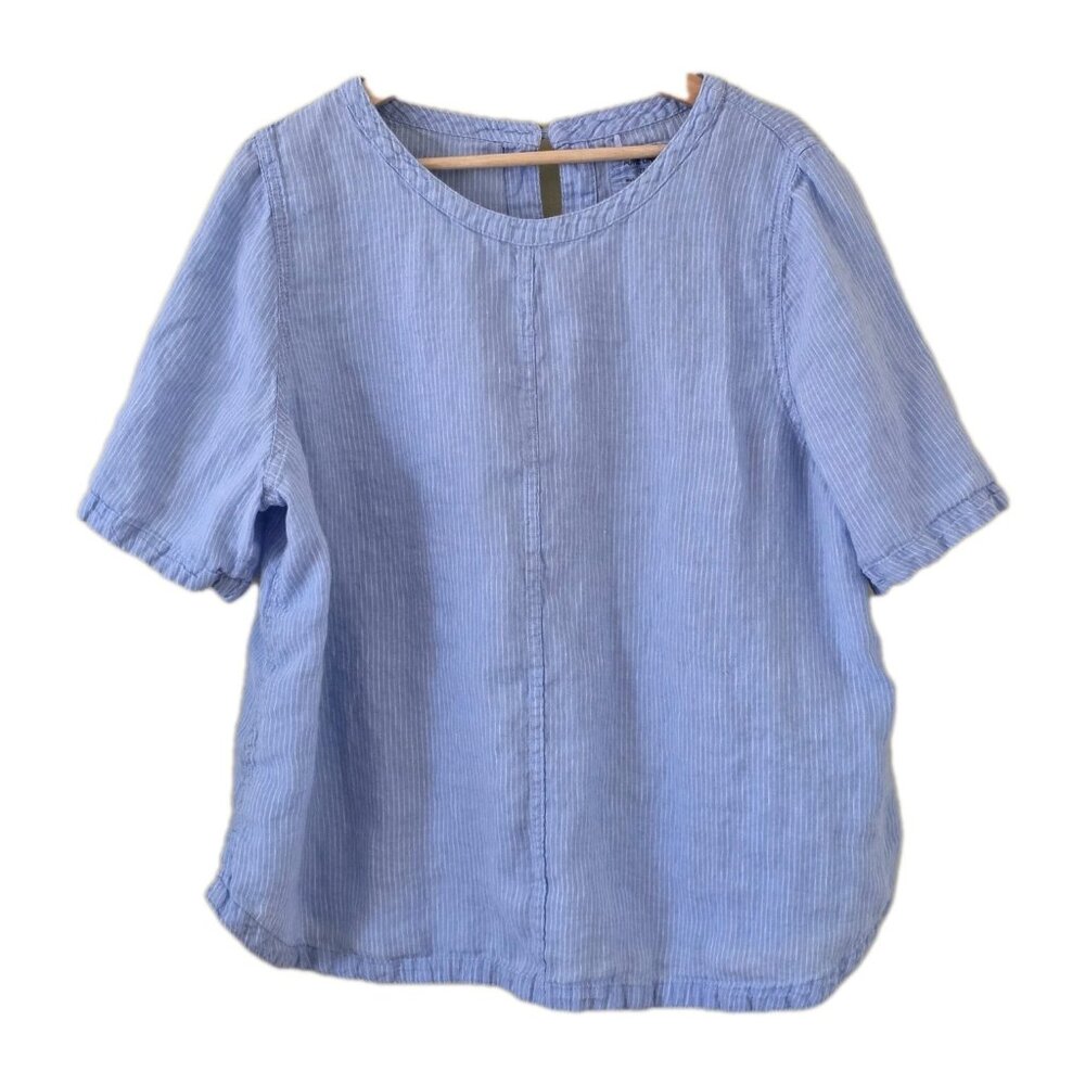 M & S Pure Linen Top Womens US 18 Blue White Stripes SS Round Hem Cottage FLAW